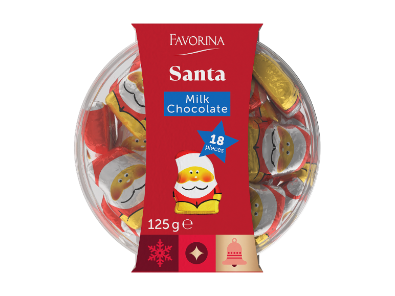 Caixa redonda de Natal com 18 Pais Natal de chocolate de leite, 125 g.