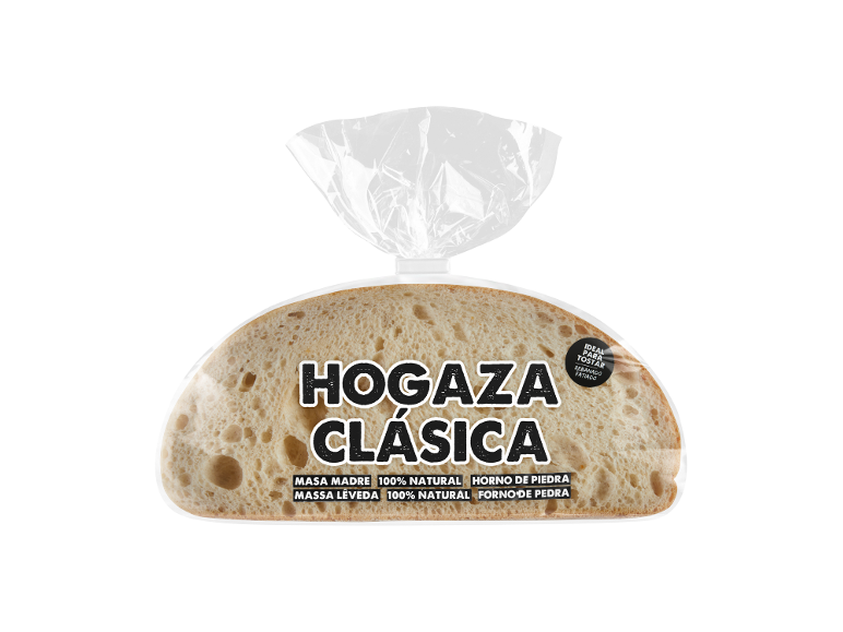 Pão clássico embalado, ideal para torrar, com massa mãe e cozido em forno de pedra.