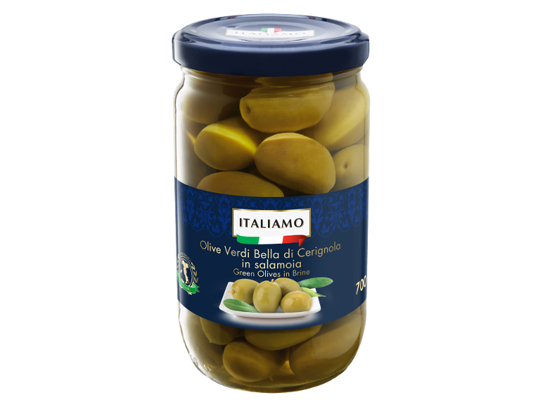 Frasco de azeitonas verdes em salmoura, com um rótulo de estilo italiano.