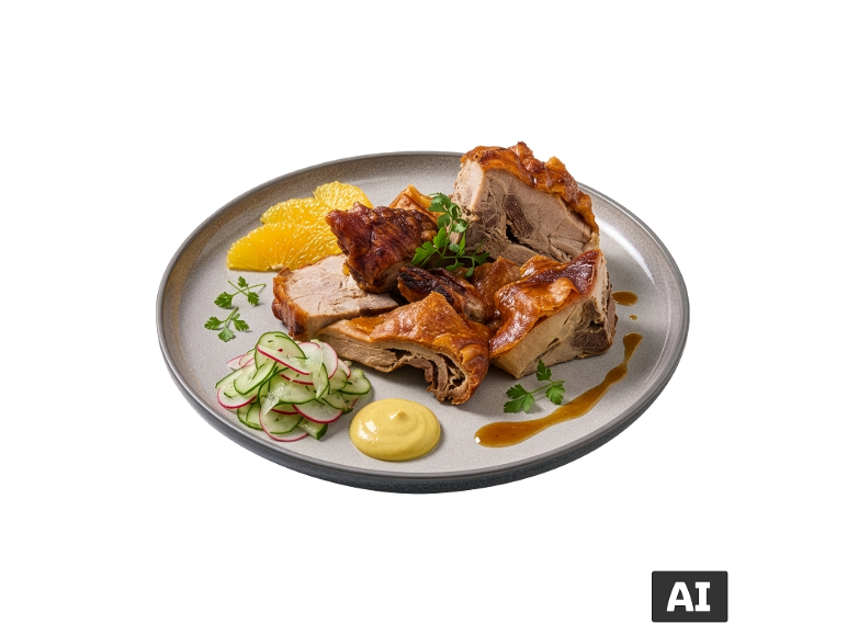 Carne de porco assada crocante com fatias de laranja, salada de pepino e mostarda. [imagem gerada por IA]