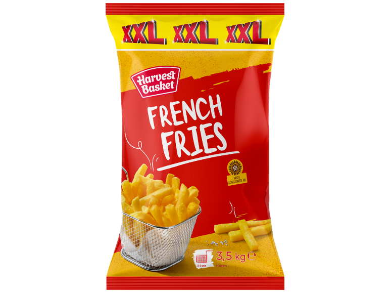 Batatas fritas congeladas XXL com óleo de girassol numa embalagem vermelha e amarela.