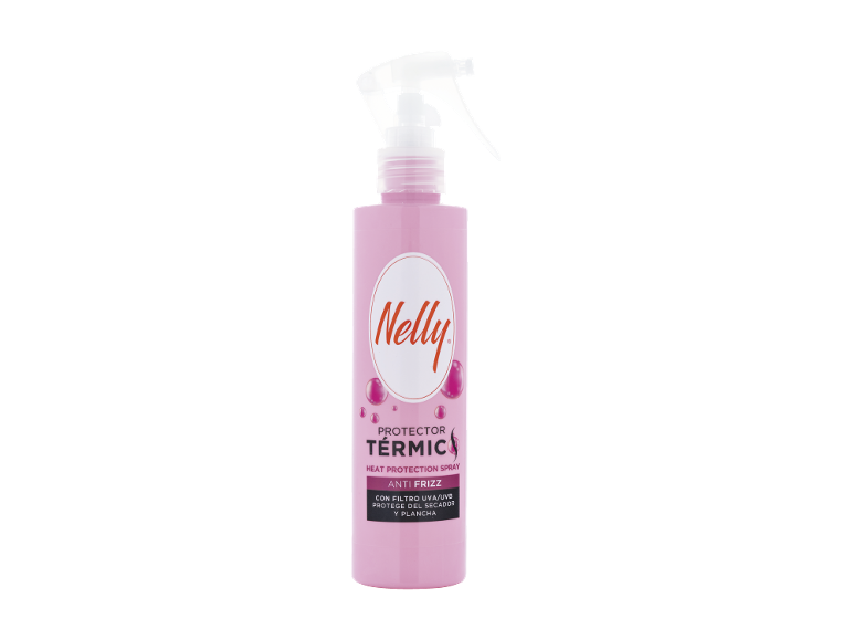Spray protetor térmico anti-frizz com filtro UVA/UVB para secador e prancha.