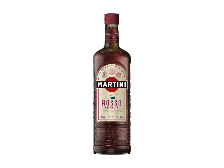 Garrafa de vermute tinto com rótulo que diz 'Rosso Vermouth' e 'Fondata nel 1863'.