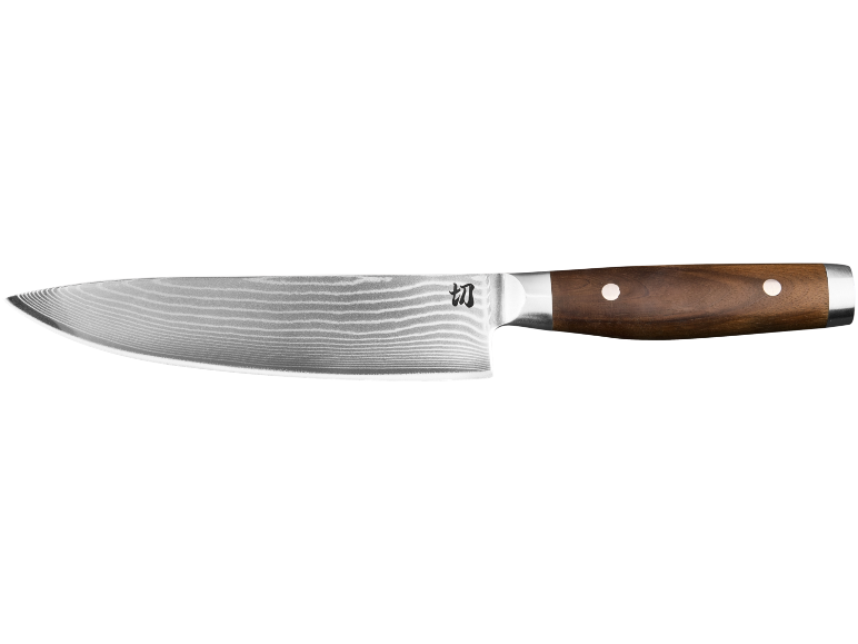 Faca de cozinha com lâmina de padrão ondulado e cabo de madeira castanha