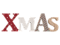 Letras decorativas de madeira formando a palavra 'XMAS' em estilo natalino.