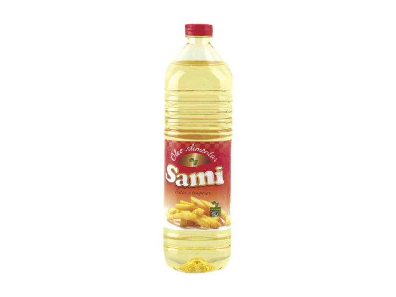 Garrafa de óleo alimentar com rótulo vermelho mostrando batatas fritas.