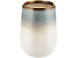 Caneca de cerâmica com gradiente de cor de castanho para azul e branco.