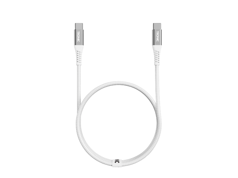 Cabo de carregamento branco com conectores USB-C metálicos, com a palavra 'TRONIC'.