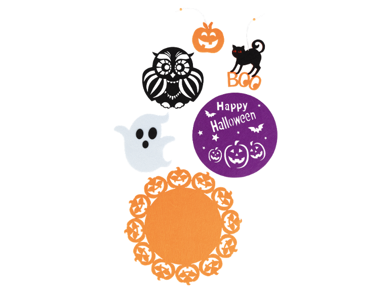 Decorações de Halloween variadas: fantasma, coruja, abóboras, gato preto e 'Happy Halloween' em roxo.
