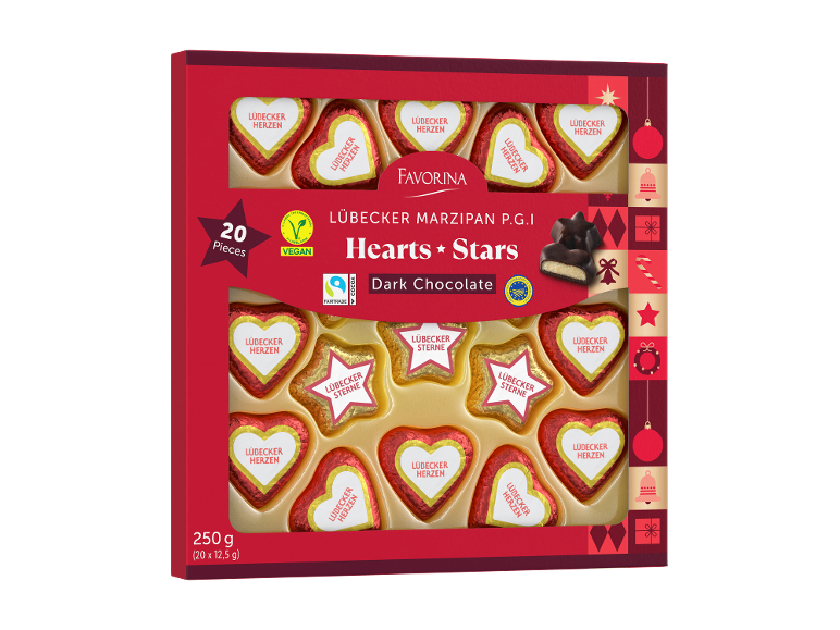 Caixa de chocolates de maçapão em forma de corações e estrelas, com o texto “Hearts Stars”.