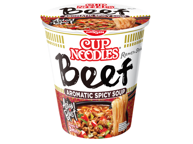 Noodles instantâneos com sabor a carne de vaca aromática e picante, estilo ramen, prontos em 3 minutos.