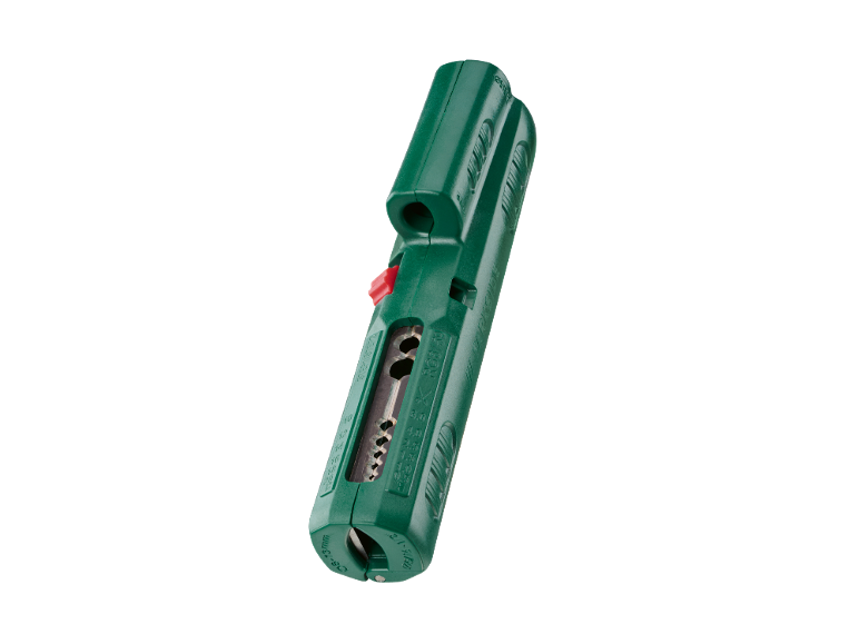Desencapador de fios verde com botão vermelho e várias marcações de medição