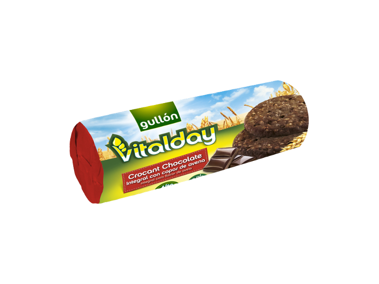 Bolachas integrais com flocos de aveia e chocolate em embalagem de rolo.
