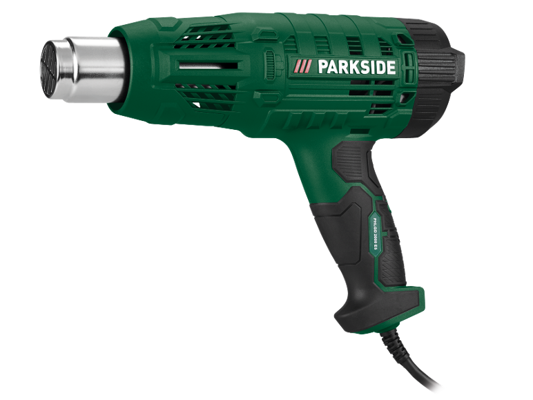Pistola de calor verde e preta com bico prateado e cabo de alimentação, modelo PHLGD 2000 E5.