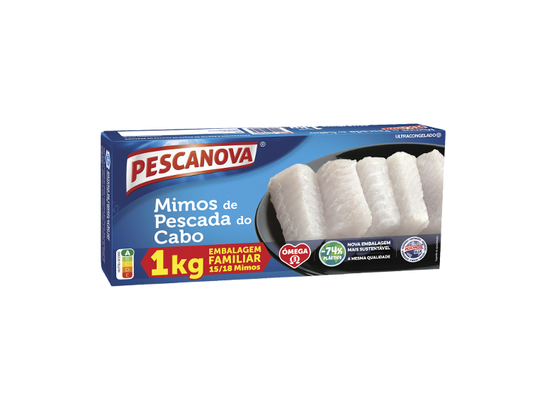Embalagem de filetes de peixe congelados, 1 kg, com informações sobre embalagem sustentável.