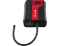 Compressor portátil preto e vermelho com ecrã digital e aviso de superfície quente.
