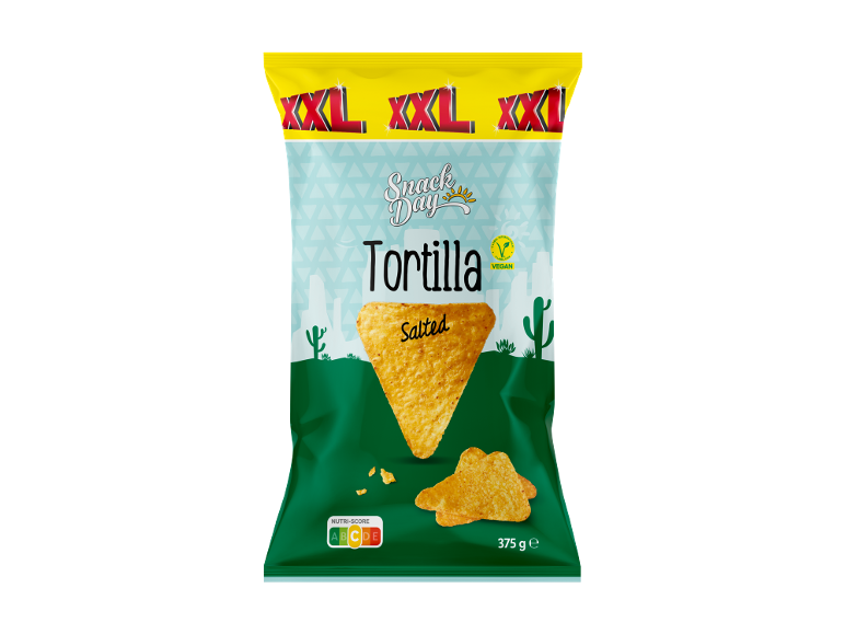 Saco de tortilhas salgadas XXL com o logótipo Snack Day, certificação vegan e Nutri-Score.