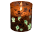 Vela de Halloween em recipiente de vidro com fantasmas, aranhas e morcegos.
