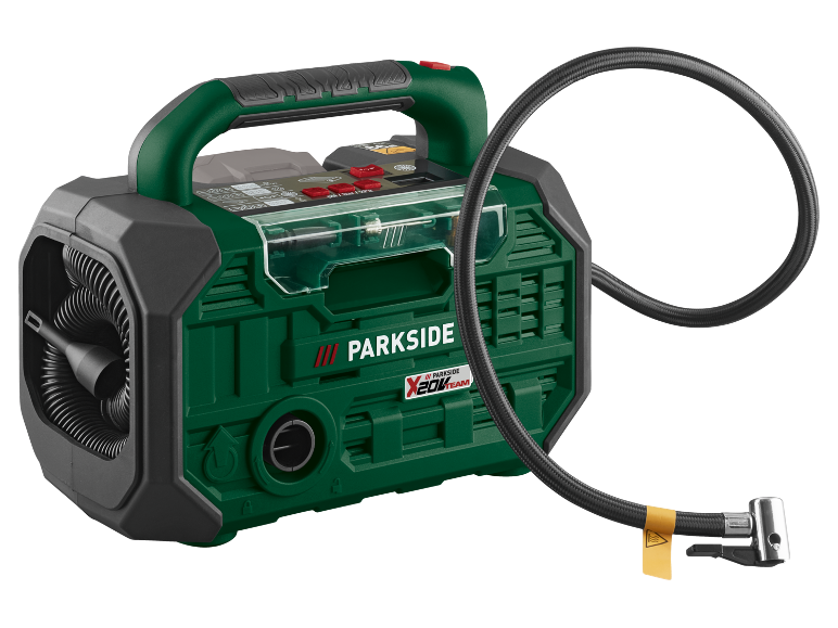 Compressor portátil verde com pega e mangueira preta.