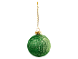 Bola de Natal verde brilhante com cordão dourado sobre fundo preto.