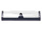 Caixa de arrumação transparente com um botão preto na tampa.