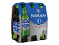 Pack de seis bebidas não alcoólicas em garrafas de vidro com rótulos azuis.