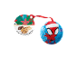Decoração de Natal do Homem-Aranha e embalagem de biscoitos com o texto 'No palm oil • 21% chocolate drops'.