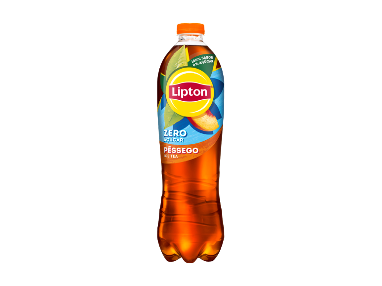 Garrafa de chá gelado de pêssego sem açúcar, com a inscrição '100% sabor, 0% açúcar'.