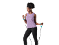 Mulher de top lilás e leggings pretas a exercitar-se com bandas de resistência.