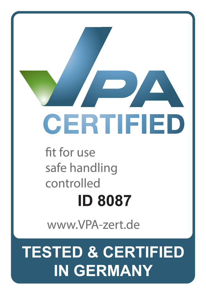 Selo certificado: apto para uso, manuseio seguro, controlado. ID 8087. Testado e Certificado na Alemanha.