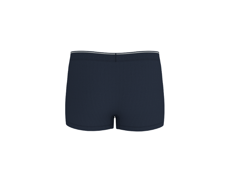 Boxer masculino azul marinho com cós branco, vista traseira.