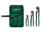 Conjunto de três alicates ajustáveis de diferentes tamanhos com cabos verdes e uma bolsa de armazenamento verde.