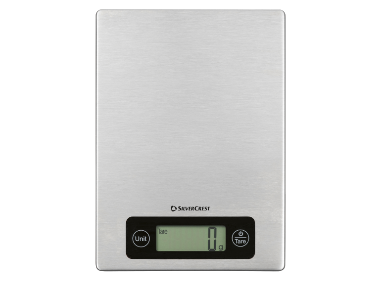Balança de cozinha digital com superfície de aço inoxidável, display e botões