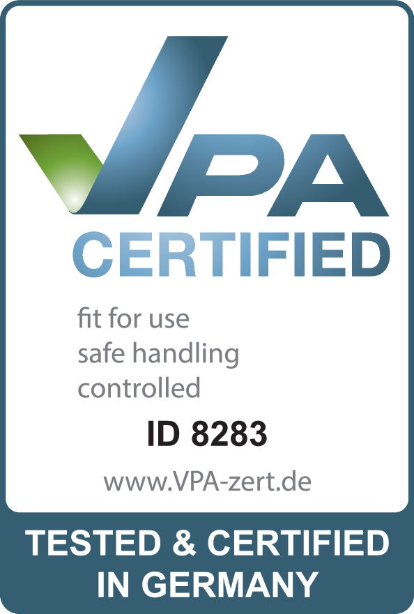 Certificado: adequado para uso, manuseamento seguro, controlado. ID 8283. Testado e certificado na Alemanha.