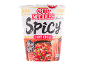 Copo de noodles instantâneos picantes com chili quente, pronto em 3 minutos.
