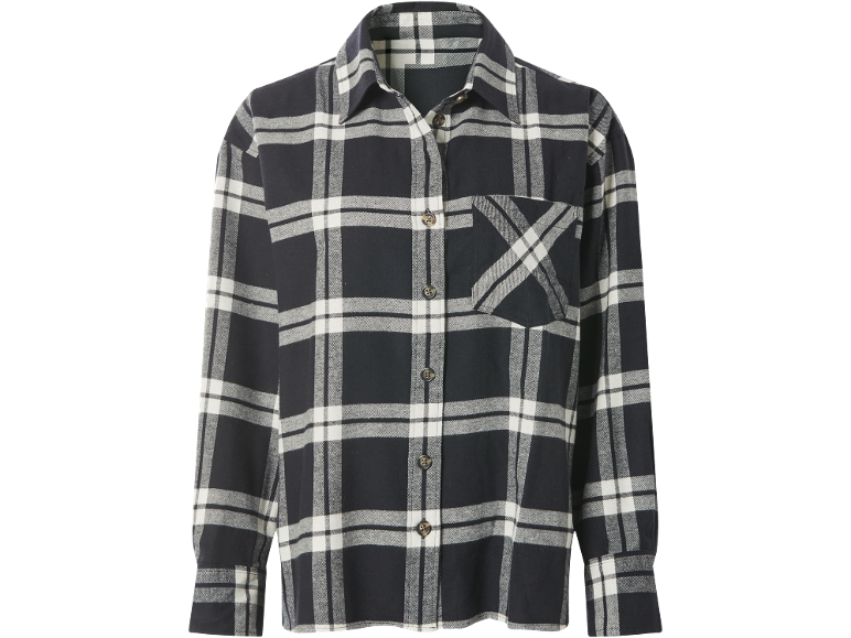 Camisa xadrez de manga comprida em preto e branco com bolso no peito