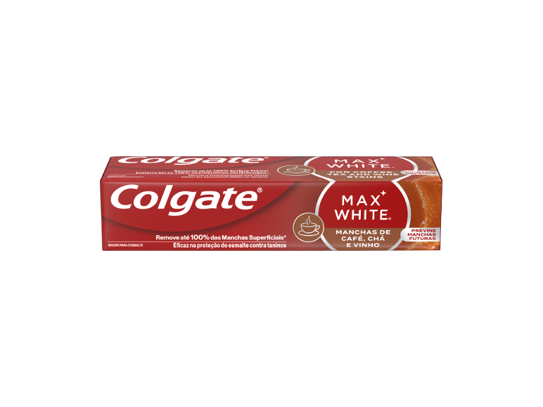 Caixa de pasta de dentes para manchas de café, chá e vinho, prometendo 100% de remoção de manchas superficiais.