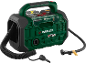 Compressor de ar portátil verde e preto com mangueiras e bicos em fundo preto.