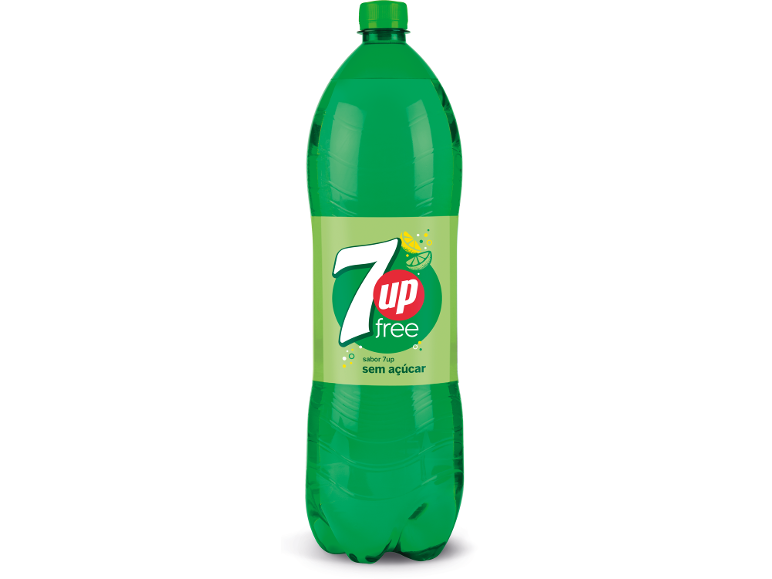 Garrafa verde de refrigerante com rótulo '7 up free' e 'sem açúcar'.