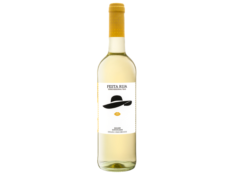 Garrafa de vinho branco com um rótulo que representa um chapéu preto e lábios amarelos.