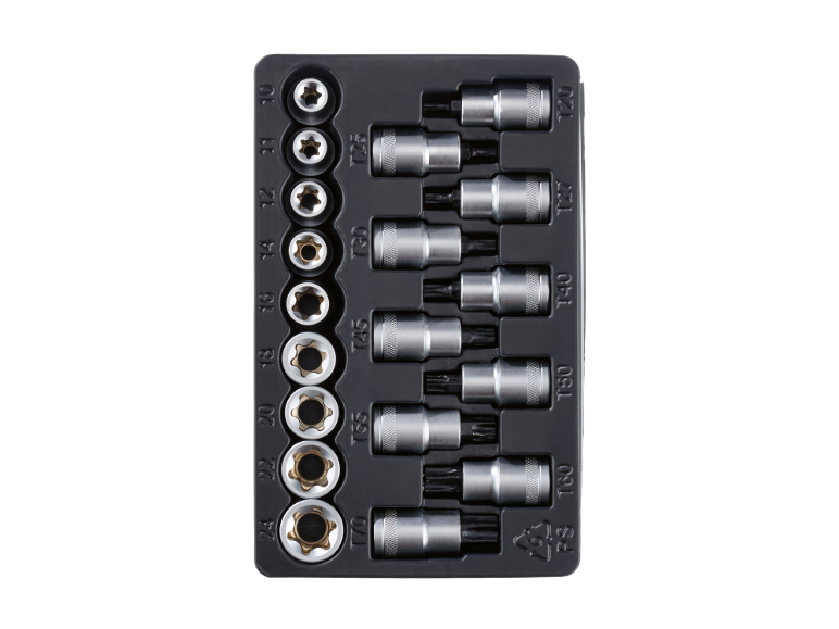 Conjunto de chaves de caixa e bits Torx em bandeja preta, com tamanhos de 10 a 70 e T20 a T70.