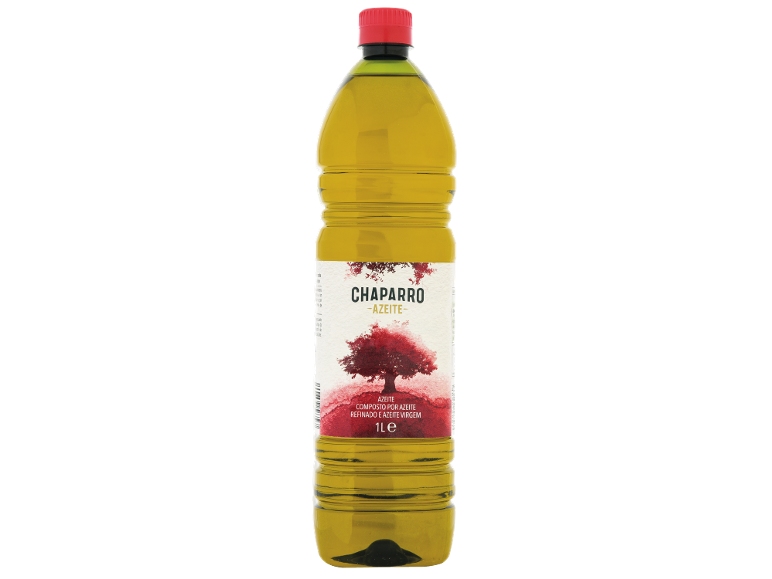 Garrafa de azeite com tampa vermelha e rótulo com uma árvore vermelha, 1 litro.