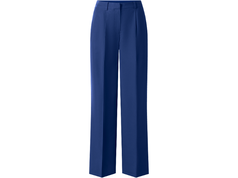 Calças femininas azul-escuras com pregas e perna reta.