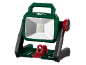 Luz de trabalho LED verde e preta com suporte e pega vermelha.