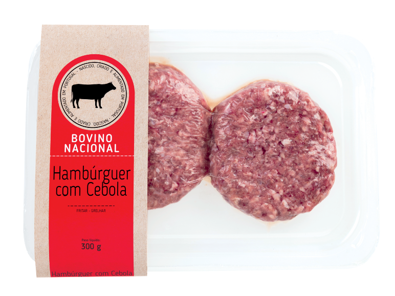 Dois hambúrgueres de carne bovina crua com cebola em embalagem transparente, com o rótulo 'BOVINO NACIONAL'.