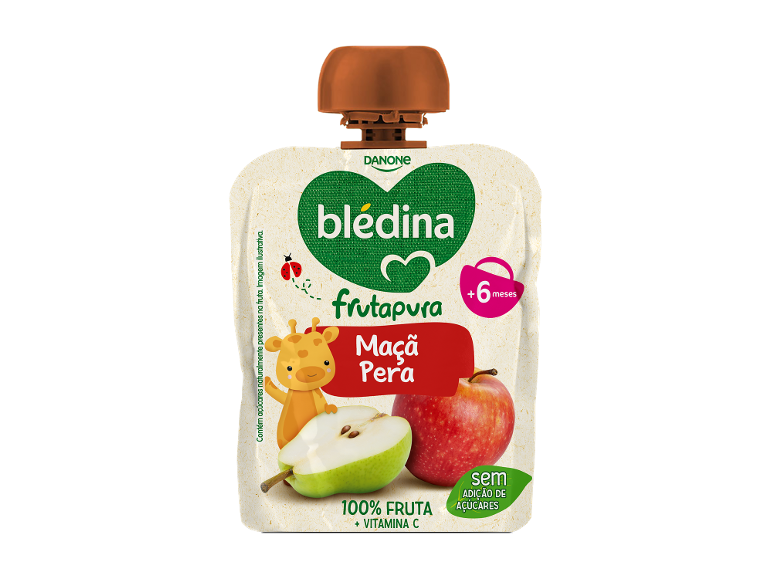 Bolsa de puré de fruta maçã e pera para bebés, 100% fruta, sem adição de açúcar.