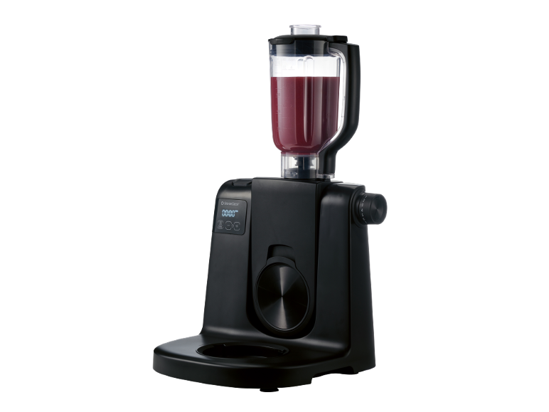 Máquina de cozinha preta com liquidificador cheio de líquido vermelho e ecrã digital.