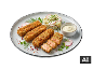 Palitos de salmão panados com salada de batata e molho.