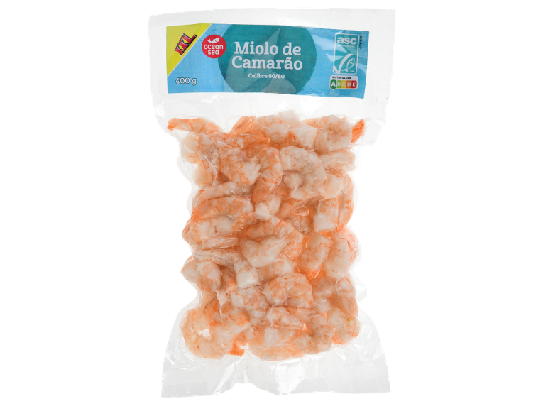 Miolo de camarão Ocean Sea, calibre 60/80, 400g, com rótulos ASC e Nutri-score.