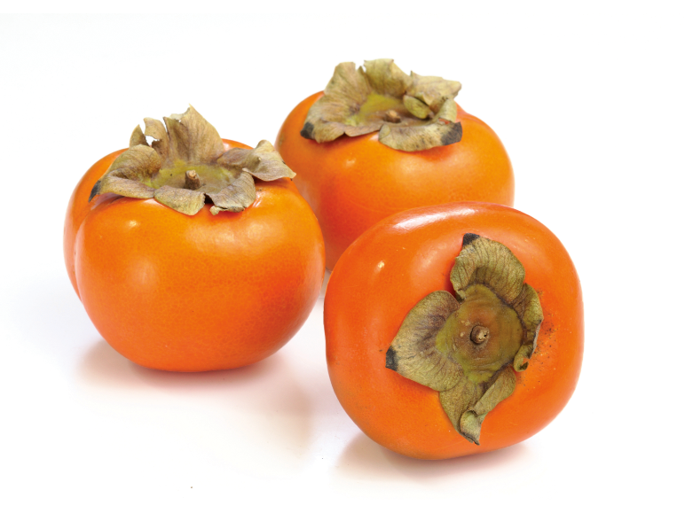Três dióspiros laranja maduros com cálices verdes sobre um fundo branco.